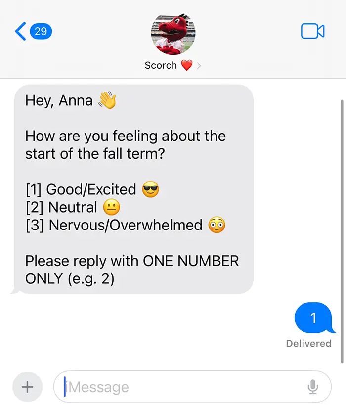 Sample text message from Scorch at the beginning of the semester