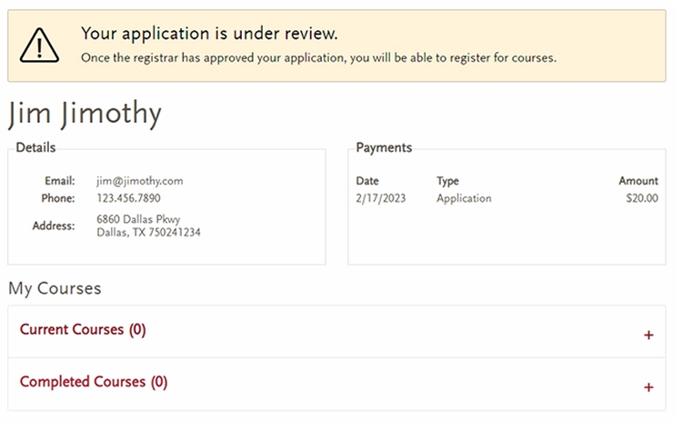Student profile page showing application under review status