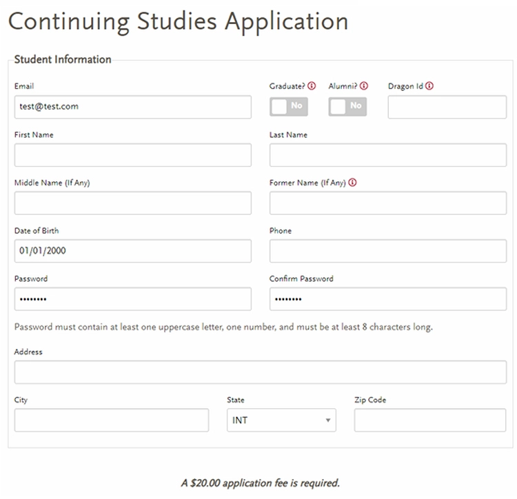 Application form showing fields and transcript upload section