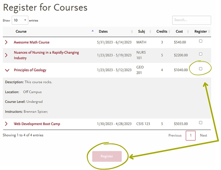 Course list with checkbox selection and Register button at bottom of page