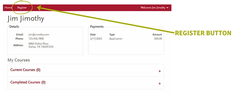 Navigation menu showing Register button available after approval
