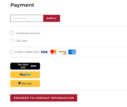 Payment options, university account, gift card, credit/debit card or Paypal