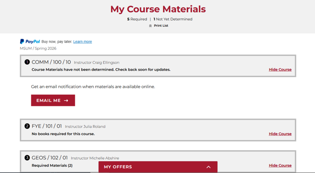 Your enrolled courses and available materials appear after entering your StarID