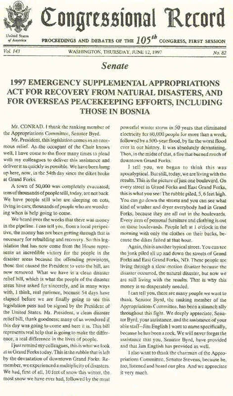 A statement by North Dakota Senator Kent Conrad on the delay in flood aid from the Congressional Record, June 9, 1997.