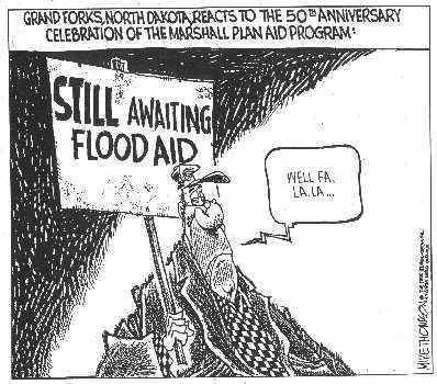 Political cartoon on flood aid frustrations.