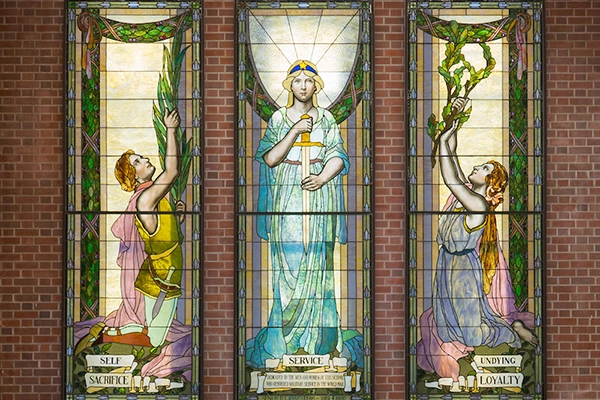 Picture of stained glass windows hanging in the Library
